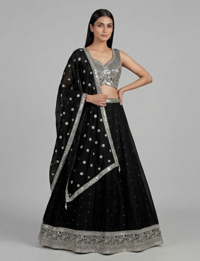Black silk sequins party wear lehenga choli with dupatta