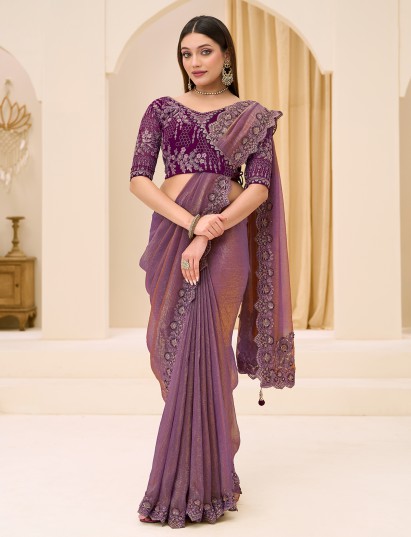 Purple georgette tissue saree with embellished border