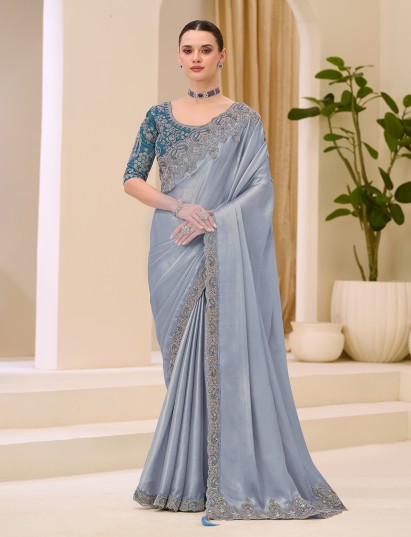 Grey satin saree with resham and sequins detailing