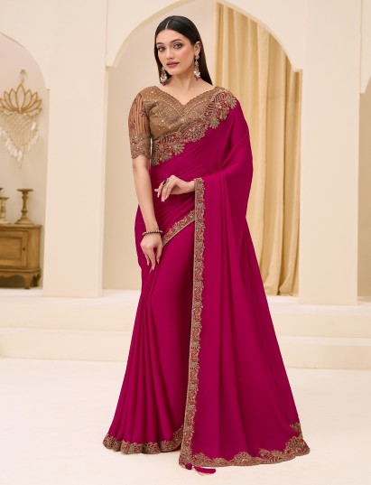 Maroon satin georgette saree for party celebration