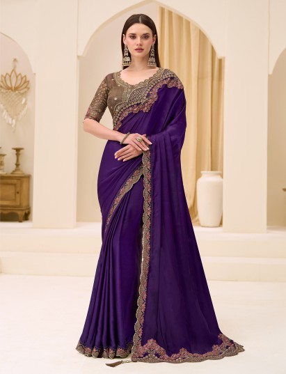 Purple satin chiffon saree with embellished border