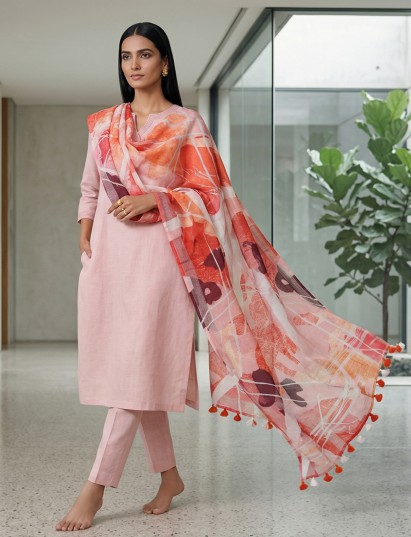Pink linen straight cut festive kurti set with dupatta