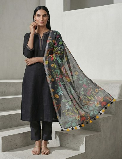 Black linen straight cut festive kurti set with dupatta