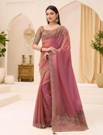 Onion pink georgette tissue saree for party wear
