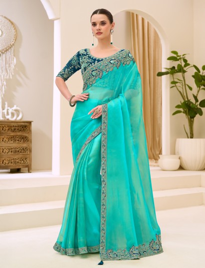 Firozi blue festive wear georgette tissue saree
