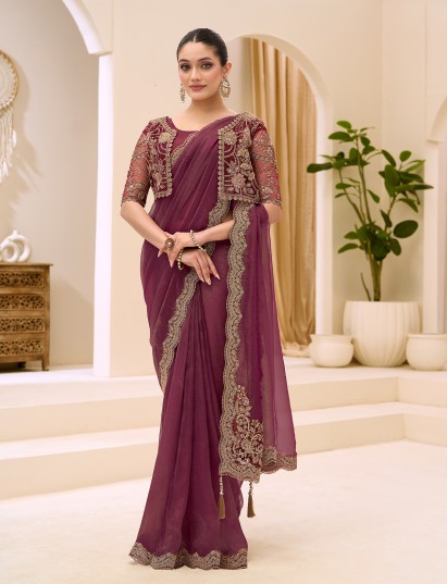 Maroon georgette saree with resham and sequins detailing