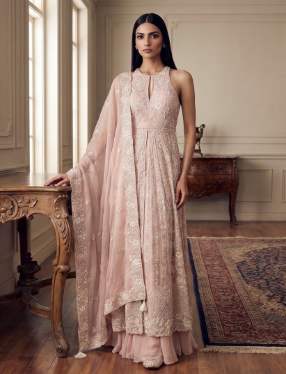 Elegant pink tissue silk palazzo suit with designer detailing