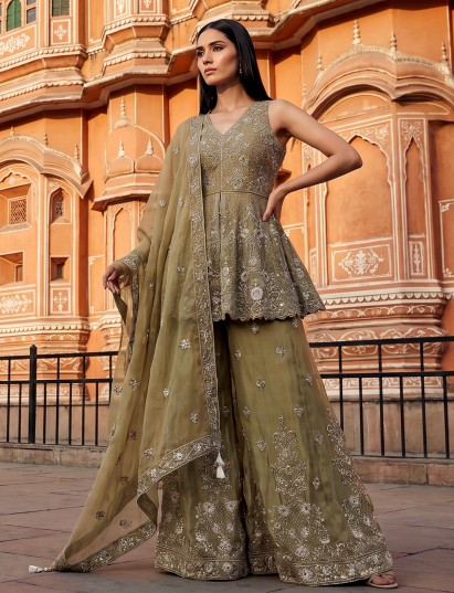 Mehendi olive tissue silk palazzo suit with pakistani elegance