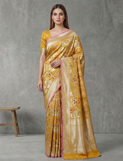 Yellow banarasi silk festive saree enhanced with shimmering zari accents