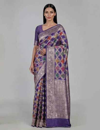 Purple banarasi silk saree with zari work for wedding celebrations