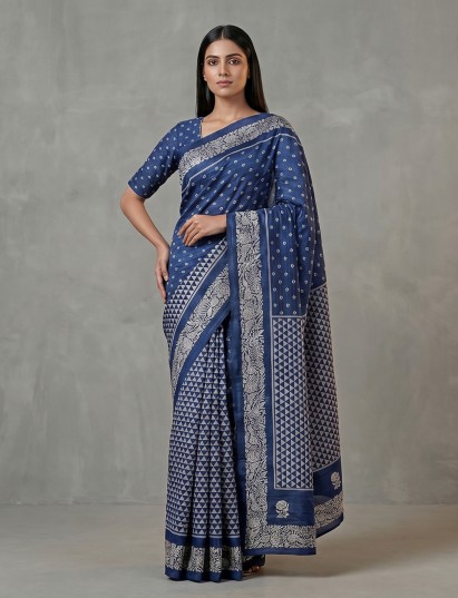 Navy banarasi silk saree accented with an embroidered border