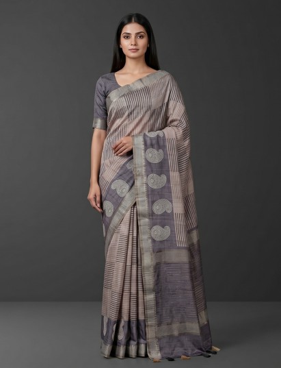 Beige and grey art tusser silk saree for festive occasions