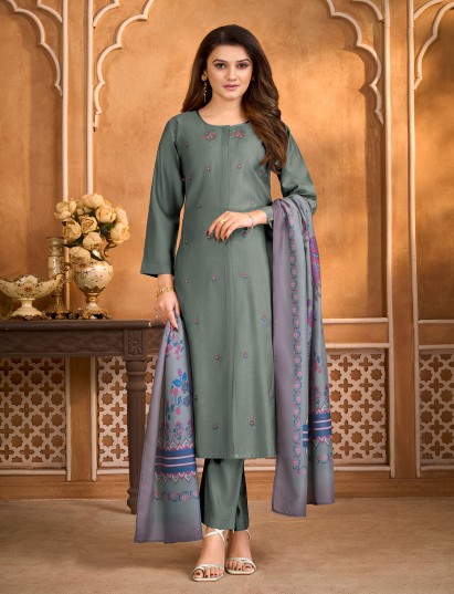 Sage green cotton silk kurti set with embroidery