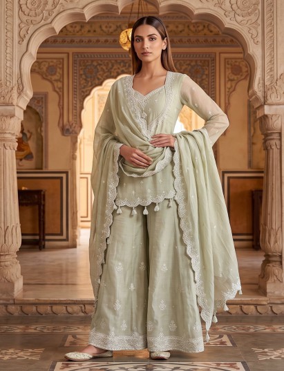 Pista green tissue pakistani suit with embellished palazzo suit