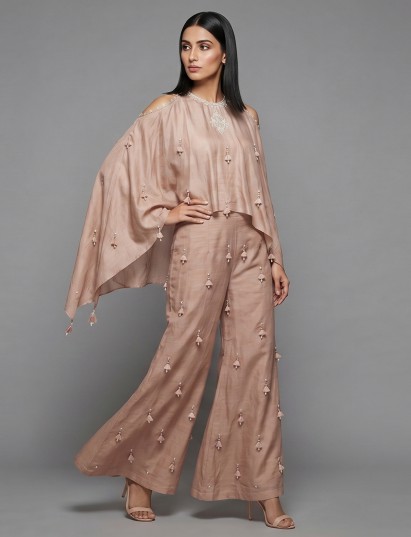Peach cotton linen designer suit with tassel palazzo