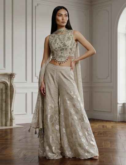 Cream tissue silk suit with embellished palazzo and dupatta