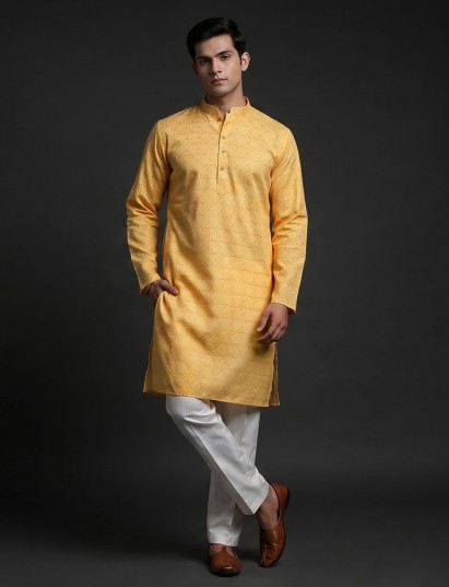 Yellow radiant printed cotton silk kurta suit