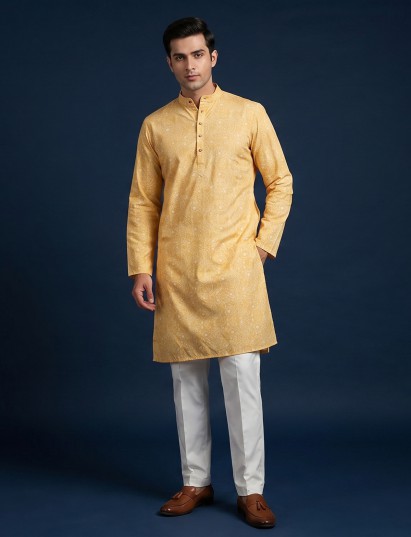 Yellow festive cotton silk kurta suit for men