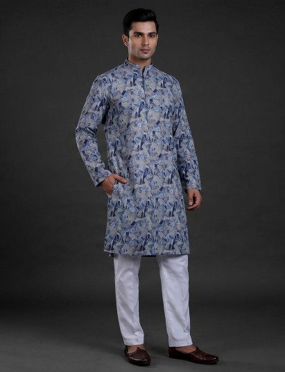 Grey and blue chic printed cotton kurta suit