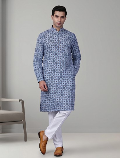 Stone blue serene printed cotton silk kurta suit