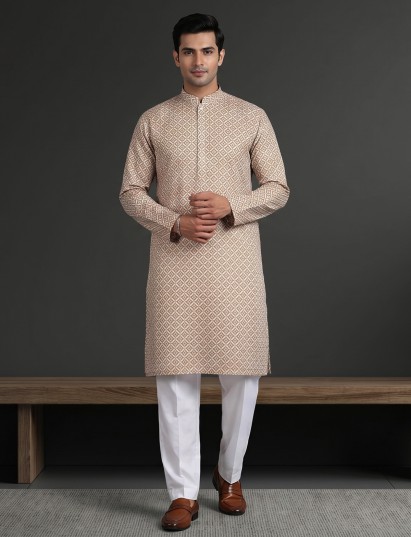 Off white pure printed cotton silk kurta suit for men