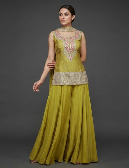Mehendi yellow satin silk palazzo suit with bandhej print