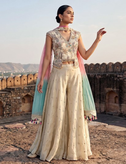 Cream crepe silk palazzo suit with rich zardosi detailing