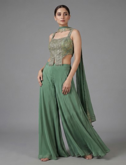 Pista green crepe silk palazzo suit with zardosi work