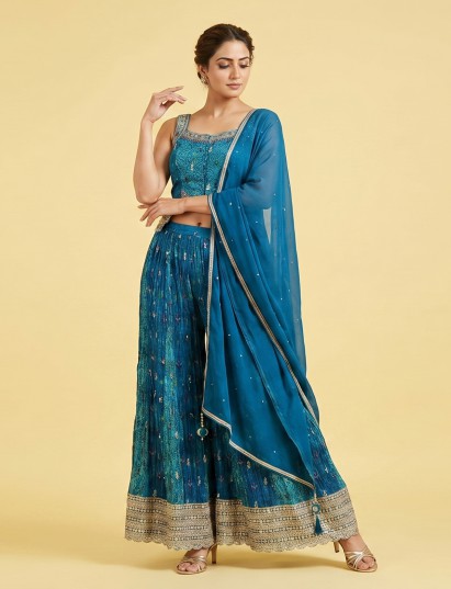 Blue silk designer palazzo suit with square neckline