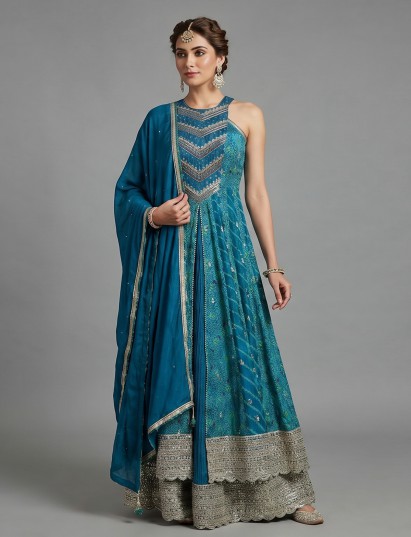 Blue silk anarkali palazzo suit with floral dupatta
