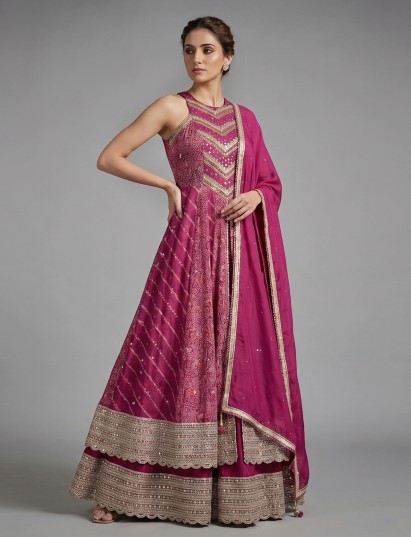 Purple silk anarkali suit with floral printed dupatta