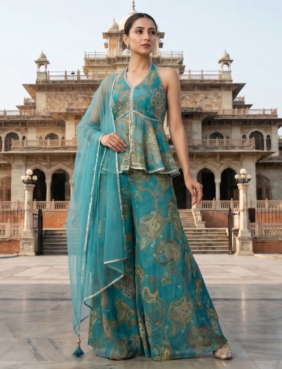 Aqua blue chiffon palazzo suit with halter neckline