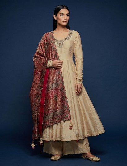 Cream chiffon anarkali suit with zardosi detailing