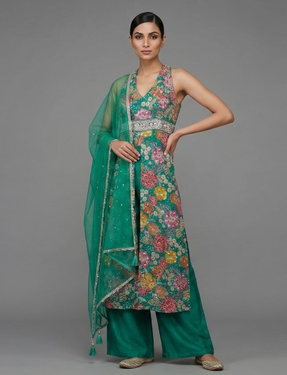 Sea green silk palazzo suit with aabla embellishments