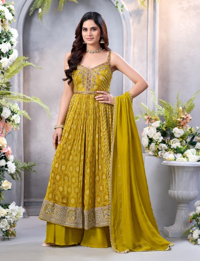 Mehendi green silk palazzo suit with embroidery work