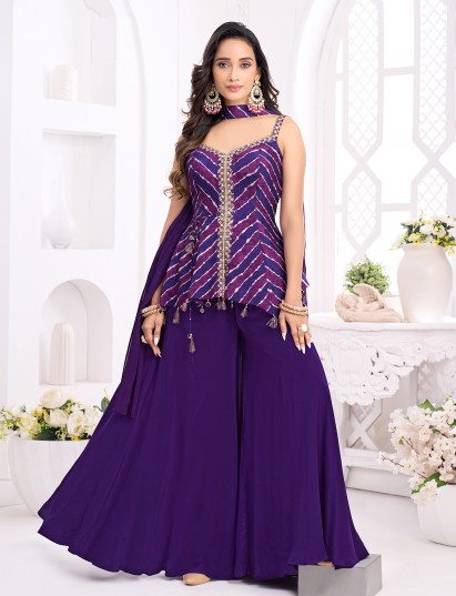 Purple silk palazzo suit with mirror embellishments