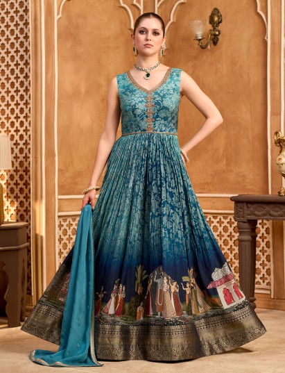 Blue silk anarkali suit with shaded floral prints