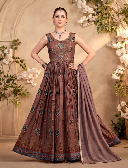 Brown silk anarkali suit with diamond embellishments