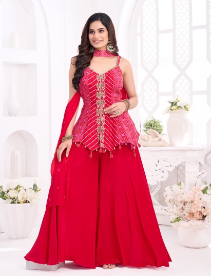 Magenta chiffon silk palazzo suit with bandhej print