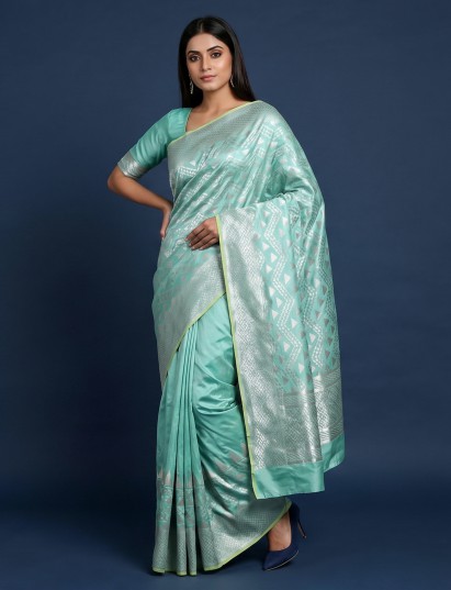 Mint blue banarasi silk saree with subtle zari work