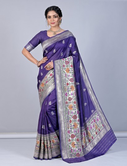 Purple banarasi silk saree with floral zari butti border