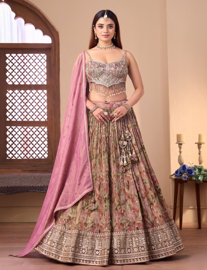 Onion pink chiffon georgette lehenga choli with tassels
