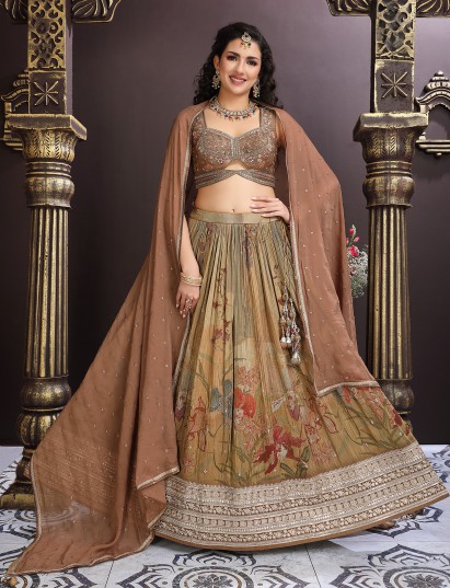 Mehendi green chiffon lehenga choli with mirror detailing