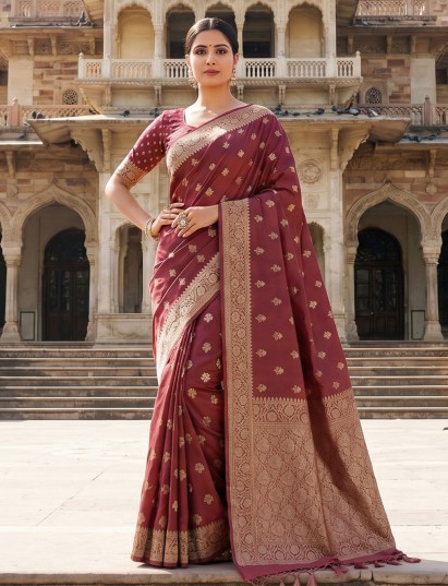 Rich maroon tissue silk saree with classic butti woven elegance