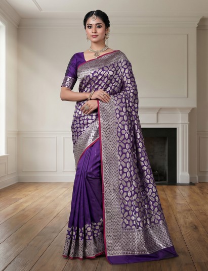 Royal purple pure banarasi silk saree with timeless woven zari detailing