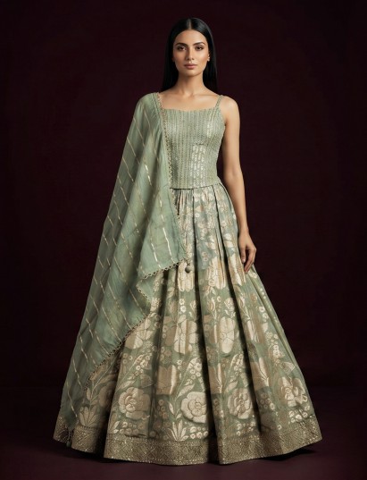 Pista green brocade lehenga choli with cutdana and zari work