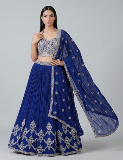 Royal blue georgette lehenga choli with mirror and stone work