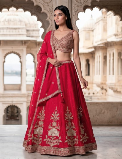 Rani pink silk lehenga choli with sequin and stone detailing