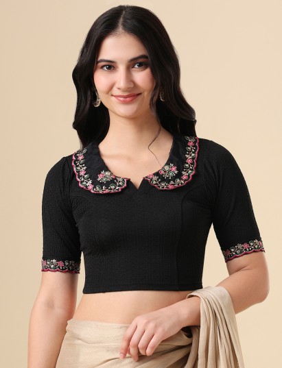 Black lycra embroidered blouse with peter pan collar