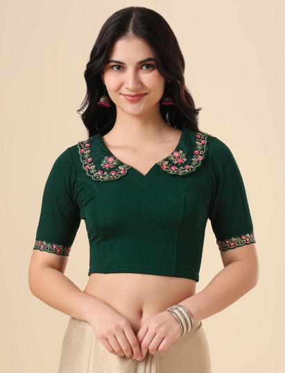 Graceful green lycra embroidered blouse with classic collar style